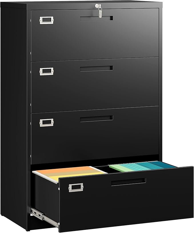 SISESOL 4 Drawer Lateral File Cabinet with Lock,Black Lateral Filing Cabinet,Horizontal Metal Filing Cabinets,Locked Wide Four Drawer File Cabinets for Office Home,Fit A4/F4/Letter/Legal File