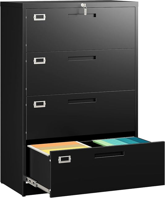 SISESOL 4 Drawer Lateral File Cabinet with Lock,Black Lateral Filing Cabinet,Horizontal Metal Filing Cabinets,Locked Wide Four Drawer File Cabinets for Office Home,Fit A4/F4/Letter/Legal File