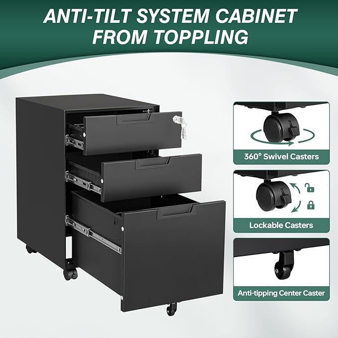 Mobile File Cabinet,3 Drawer Locking Storage Filing Cabinet,Office Metal Storage Cabinet on Wheels for Legal/Letter/A4 File(Fully Assembled，Black)