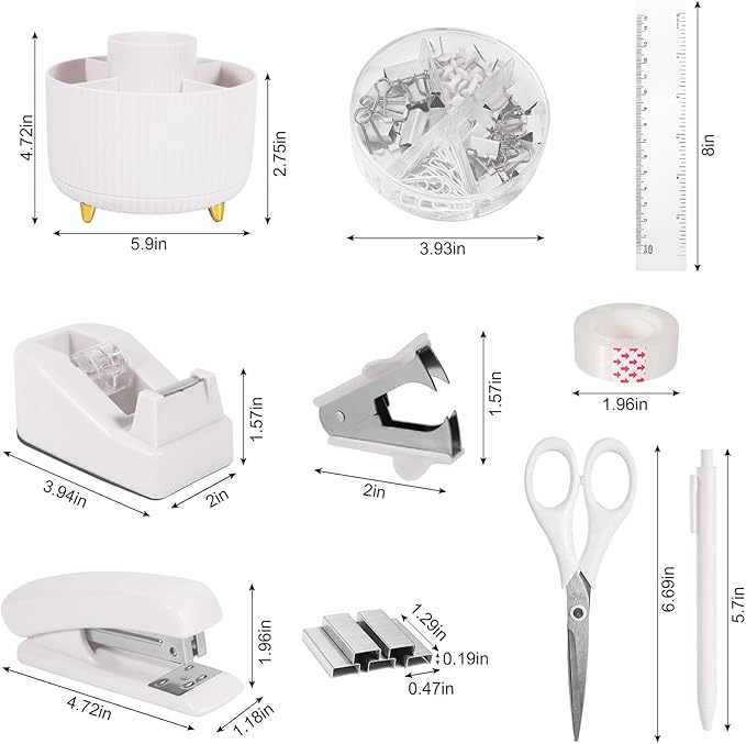 White Desk Organizers and Accessories 10Pcs Set with 360-Degree Rotating Pen Holder, Tape Dispenser, Stapler, Staple Remover, 1000 Staples, Tape, Clips Set, Ruler, Scissor, Pen (White)