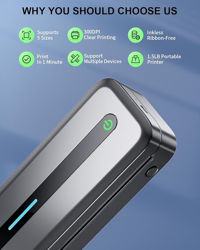 COLORWING Portable Printers Wireless for Travel, 300DPI Mini Compact Inkless Printer, Thermal Bluetooth Printer Compatible with Android and iOS Smartphone & Tablet & Laptop - Gray