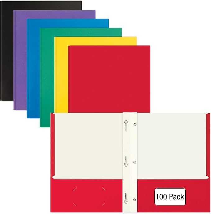 Letter Size Paper Portfolios by Better Office Products, Case of 100, Assorted Primary Colors, with Fasteners (Contemporary, 2 Pocket Paper Folders with Fasteners)