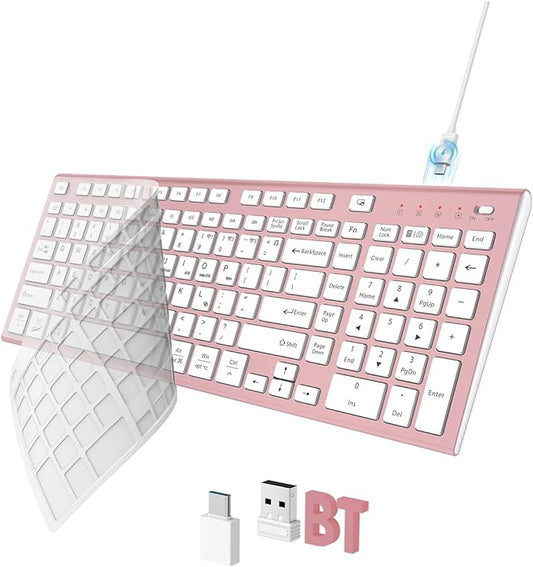 FENIFOX Wireless Keyboard, Bluetooth + USB Ergonomic Silent Quiet Rechargeable with Number Pad Cute Compact Full Size Multi Device Keyboards for iPad Tablet Mac Computer Surface PC MacBook Laptop Pink