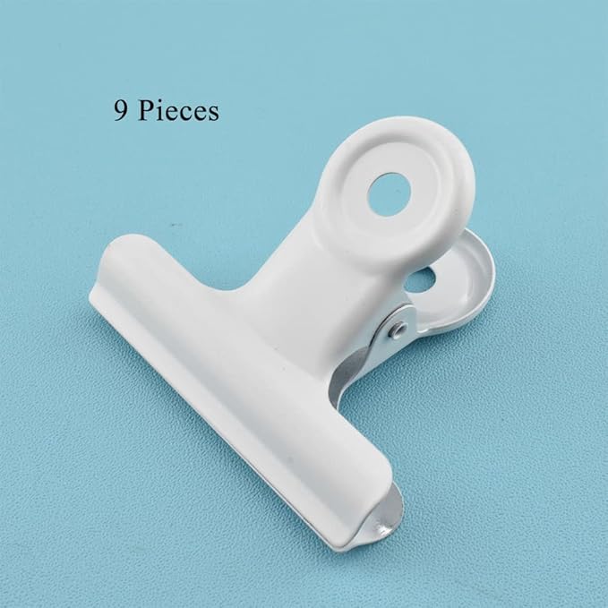 HAHIYO 2.5inch White Bulldog Clips Metal File Hinge Binder Clips Clamps Save Space Strong Spring Jaws Rock Solid Grip Book Lay Flat Deburred Edge for Hang Photos Wall Grid Dog Food 9PCS