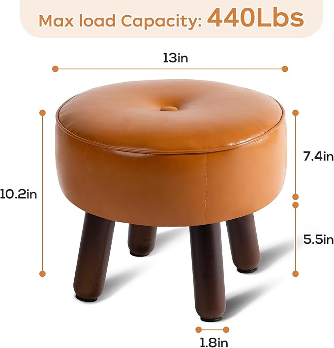 Small Foot Stool Ottoman, Round Pouf Foot Rest, Footstool Ottomans with Rubber Legs Under Desk, Faux Leather Footrest for Couch, Living Room, Bedroom, Hallway, Office, 13''L x 13''W x 10.2''H