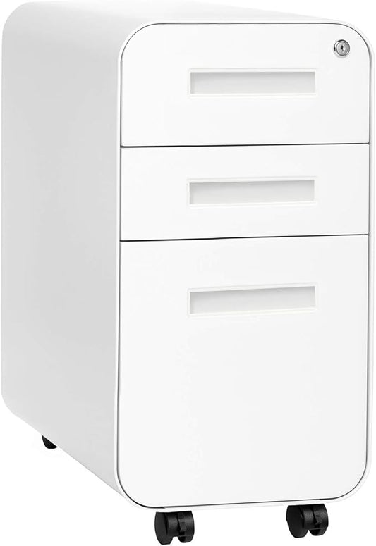 Laura Davidson Furniture Stockpile Slim 3-Drawer Mobile File Cabinet with Lock - Under Desk Metal Filing Cabinet, Legal/Letter File Folders, Wheels and Stationary Feet, Pre-Assembled, White