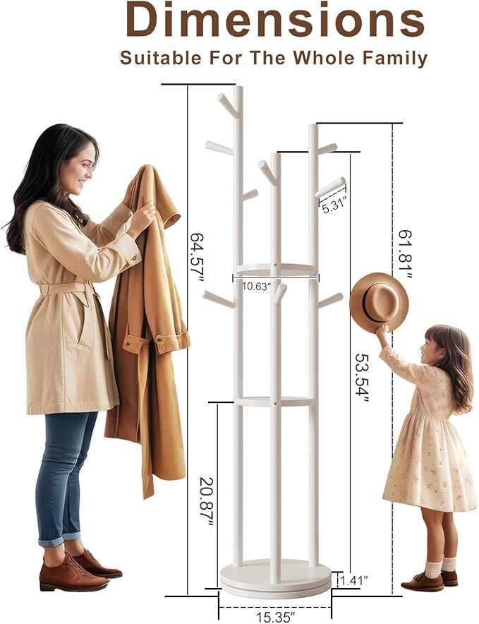 Solid Wood Rotary Coat Rack, Freestanding Coat Rack with 3 Shelves and 9 Hooks, Coat tree for Bedroom, Entryway, Livingroom, Coat Hanger Stand for Coats, Scarves, Handbags (White)