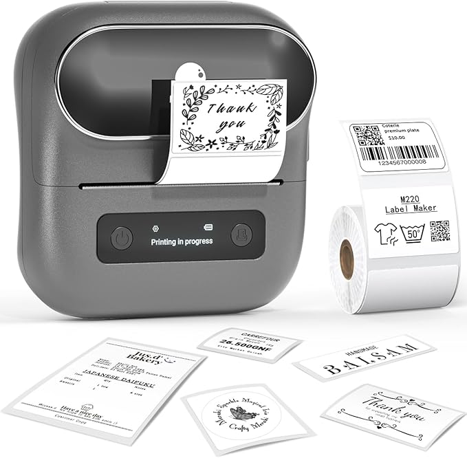 Phomemo M220 Label Maker, Bluetooth Barcode Label Printer, Thermal Sticker Maker Machine for Barcode, Address, Tag Labeling, Compatible with Phone & Laptop