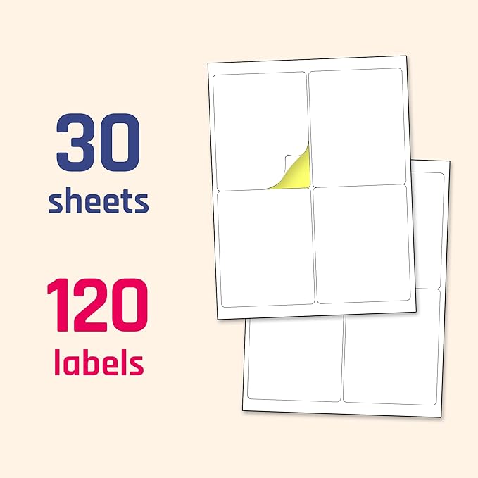 (4" x 5") 30 Sheets, Large White Labels Stickers - Laser/Inkjet Printable
