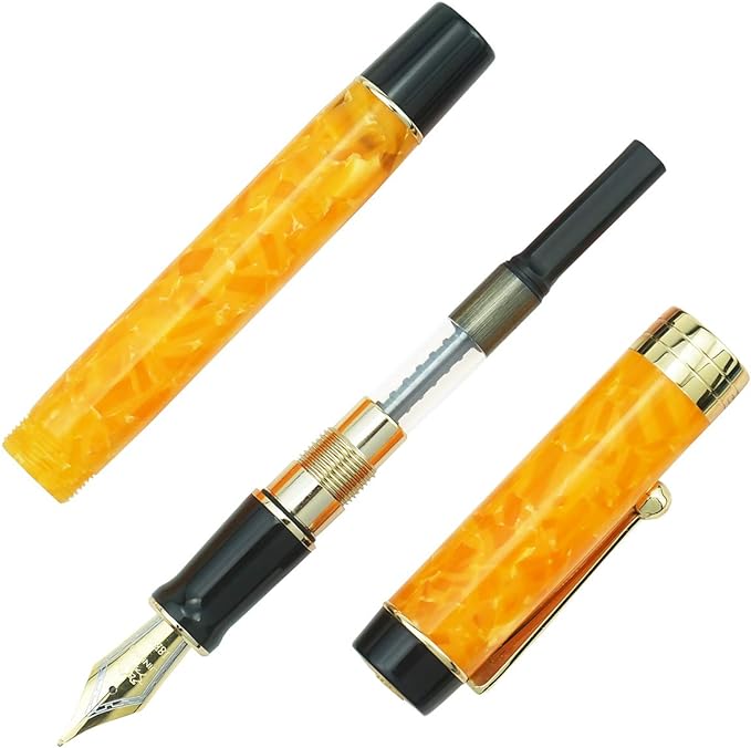 Jinhao 100 Fountain Pen Celluloid Classic Style, #6 Nib Smooth Writing Instrument with Refillable Converter and Pen Case Set