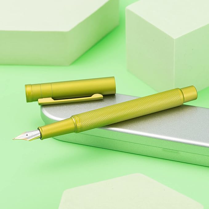 Hongdian 1851 Mustard Yellow Forest Fountain Pen Blade Nib Classic Design Calligraphy Pen with Converter and Metal Pen Case Set