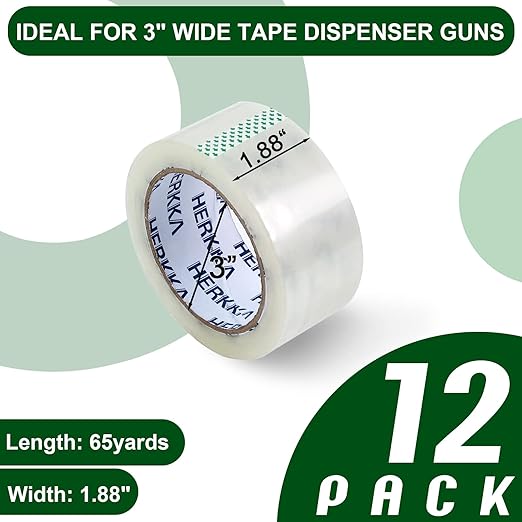 HERKKA Clear Packing Tape, 12 Rolls Heavy Duty Packaging Tape for Shipping Packaging Moving Sealing, Thicker Clear Packing Tape, 1.88 inches Wide, 65 Yards Per Roll, 780 Total Yards
