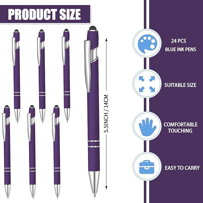 24 Pcs Blue Ink Ballpoint Pen with Stylus Tip 2 in 1 Ballpoint Pen 1.0 mm Blue Ink Metal Stylus Pen for Touch Screens Coworkers, Family, Colleagues, Office (Deep Purple)