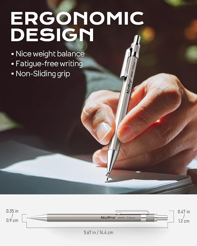 Nicpro 2 PCS 0.9 mm Metal Mechanical Pencils Set, Drafting Pencil for Artist Writing, Sketching, Drawing, with 4 Tubes HB Lead Refill & Erasers, Erasers Refills & Storage Case