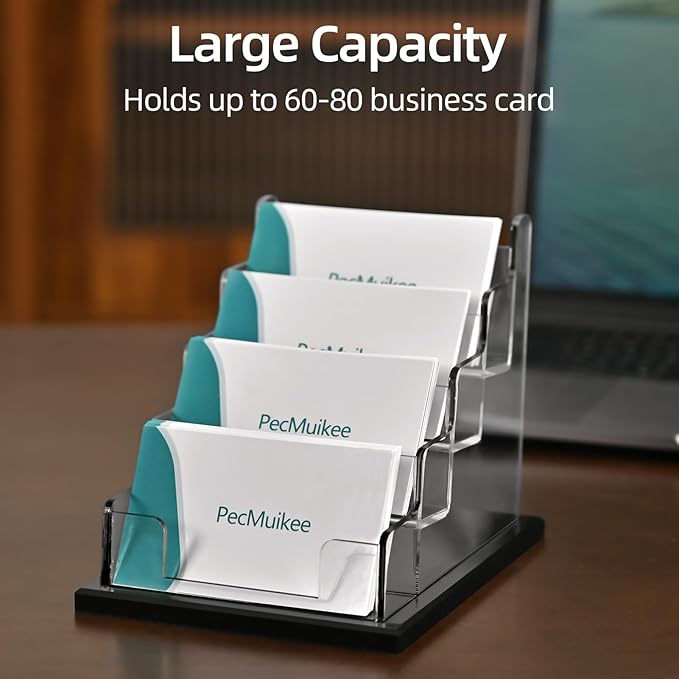 PecMuikee Business Card Holder for Desk，Acrylic Business Card Display Stand,Multiple Business Card Holders for Office, Exhibition, Home, Restaurant (4 Slot)