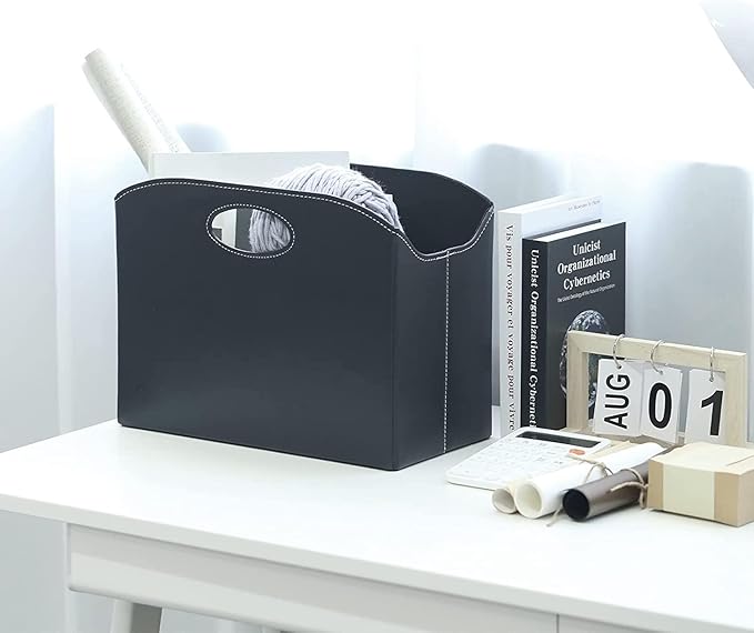 EZDeco Magazine Holder Foldable Magazine Rack Floor PU Leather File Holder Newspaper Book Storage Basket Document File Folder Organizer for Office Home (Black-2)
