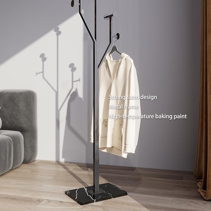 Sturdy Coat rack,Coat tree freestanding heavy duty with Marble Base,Metal standing coat rack for Bedroom,Entrance,Modern clothes hanger stand for Coats,Hats,Bags (black)