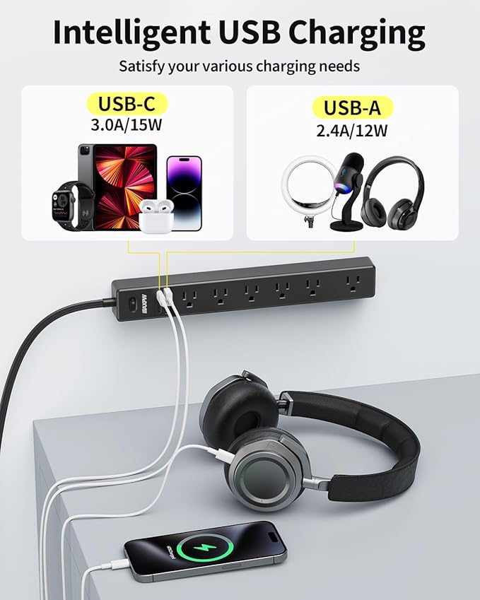 10 Ft Power Strip Surge Protector - 7 Outlets 4 USB Ports (2 USB C), Ultra Thin Flat Extension Cord & Flat Plug, 1700 Joules, Wall Mount, Desk Charging Station for Home Office Dorm, Black