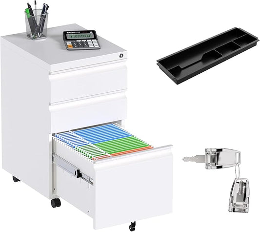 Aobabo Metal 3 Drawer Mobile File Cabinet with Lock, Under Desk Metal Filing Cabinet wiht Wheels, 23.6''H A4/Legal/Letter Size Storage Cabinet, Fully Assembled Except Wheels,White