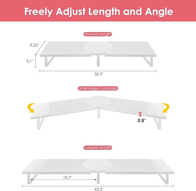 Dual-Monitor-Riser-Stand-For-Desk, Large Monitor Stand Riser For 2 Monitors With Adjustable Length Angle, Double Computer Riser For Desktop Organizer, Monitor Shelf Riser