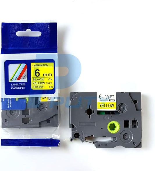 1PK Black on Yellow Extra Strength Laminated Label Tape Compatible for Brother P-Touch TZe-S611 TZ S611 Tze S611(6mm x 8m)