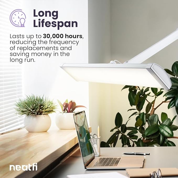 Neatfi Ultra 3,500 Lumen LED Desk Lamp, Color Correlated Temperature, 3 Light Modes, Dimmable, 45W, 26 Inch Wide Metal Shade, 540 SMD LEDs (CCT with Base, White)
