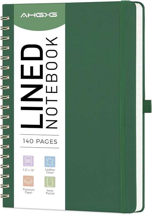 AHGXG Lined Spiral Journal Notebook, B5 Large Notebooks for Women Men, 140 Pages Hardcover Leather Notebook College Ruled, 100 GSM Paper, Notebooks for Work School Note Taking, 7.6" x 10", Green