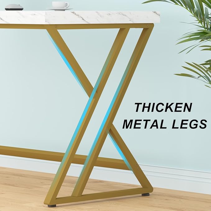 LVB White and Gold Desk, Wood Faux Marble Home Office Computer Desk, Modern Study Executive Table for Gaming Writing, Metal Simple Student Desk for Bedroom, White Marble and Gold, 55 Inch