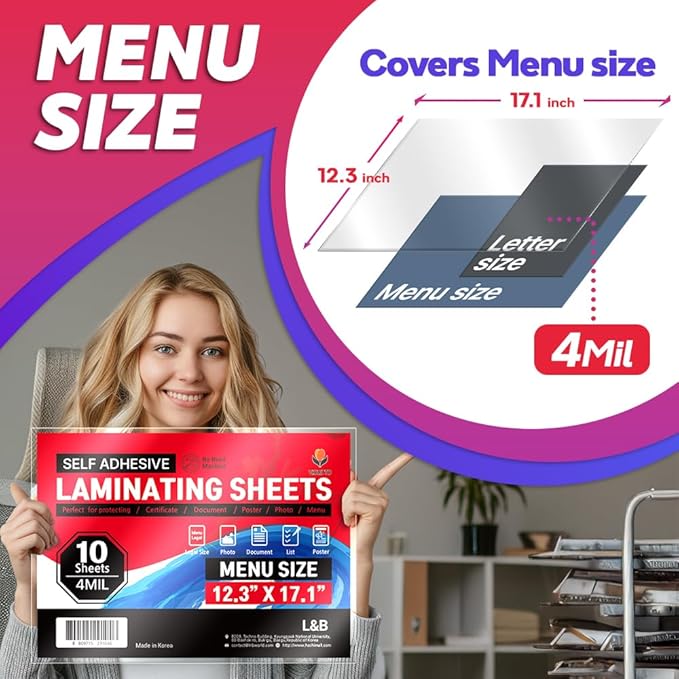 Self Adhesive Laminating Sheets 12.3x17.1 inches, 10 Pack, 4mil Thickness, No Heat or Machine Needed, Waterproof, Self Sealing, Easy Peel and Stick, Heavy Duty Clear Glossy Finish, by VIOLETTO