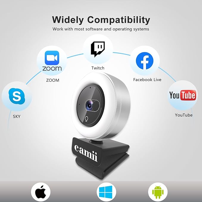 4K Webcam with Light, HD Webcam for PC with Remote Control, Built-in Privacy Cover, Adjustable Brightness, Noise Reduction Mics, for Zoom Skype Teams Laptop and Google Meet