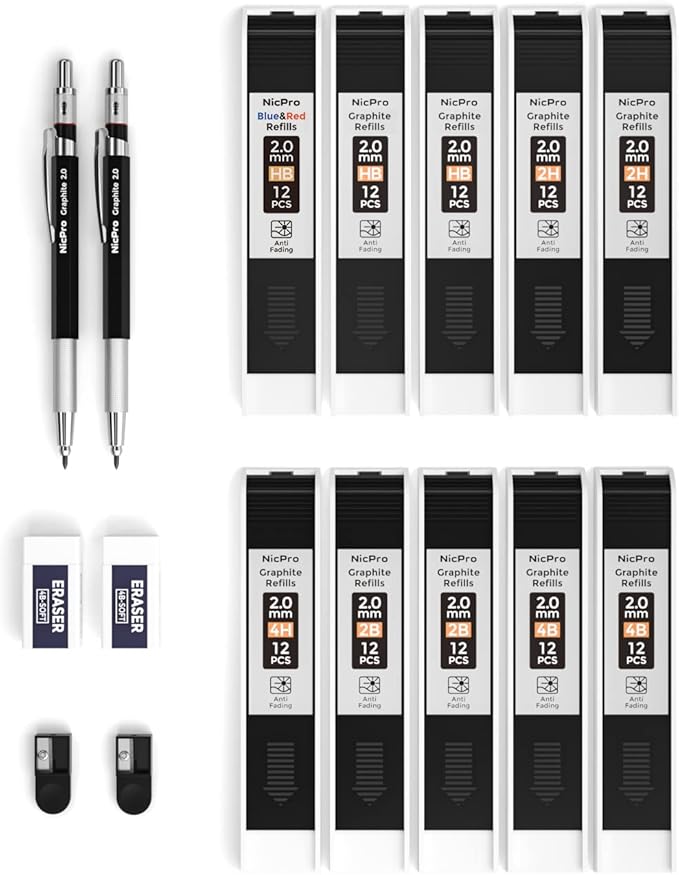 Nicpro 2mm Metal Mechanical Pencil Set, 2PCS Lead Holder 2.0 mm Marker Artist Carpenter Pencils with 120 Graphite Lead Refill (HB 2H 4H 2B 4B & Color), 2 Eraser for Drafting, Drawing Writing Sketching