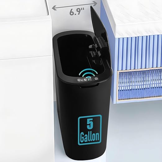 5 Gallon Motion Senor Bathroom Trash Can with Lid, Automatic Garbage Can Touchless, Smart Plastic Waste Basket for Narrow Spaces, Bathroom, Office, Bedroom, Living Room (Black)