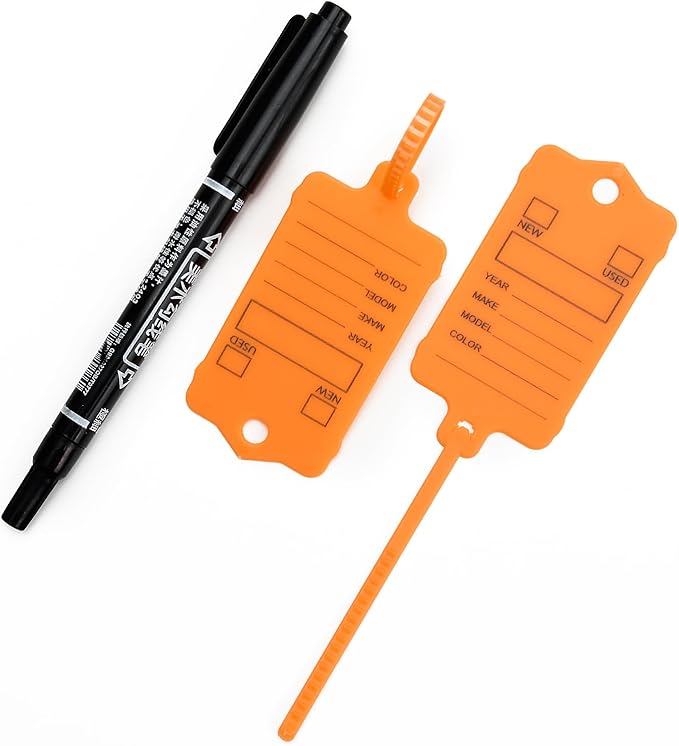 50 Car Key Tags with Labels Plastic Car Dealership Key Tags Self Locking Automotive Identifiers Blank Shop Labels with One Pen (Orange)