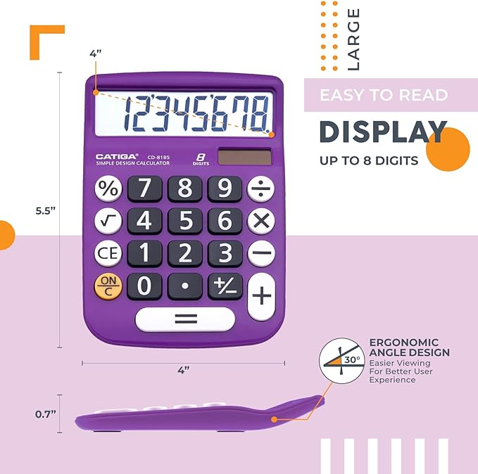 CATIGA Desktop Calculator 8 Digit with Solar Power and LCD Display, or Home, Office, School, Class and Business, 4 Function Small Basic