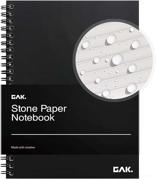 GAK. Stone Paper Waterproof Spiral Notebook, 7.20”x10.11”, 50 sheets, Durable Notebook, Eco-Friendly Mineral Stone Paper Notebook, Waterproof Notepad, Ruled, Black