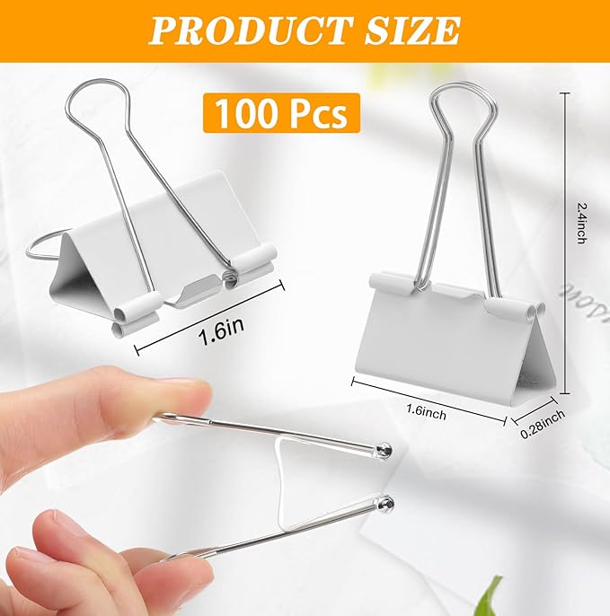 Jetec 100 Pack 1.6in/41mm White Metal Binder Clips Bulk Medium Reusable Fold Back Binder Clips Paper Clamps Spring Steel Sturdy for Home School Office Supplies