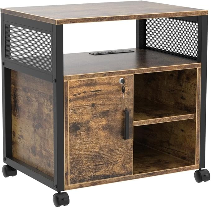 Unikito Lateral File Cabinet, Locking Office Filing Cabinets with Socket and USB Charging Port, Modern Rolling Printer Stand with Storage for A4, Letter Size and File Folders, Rustic Brown