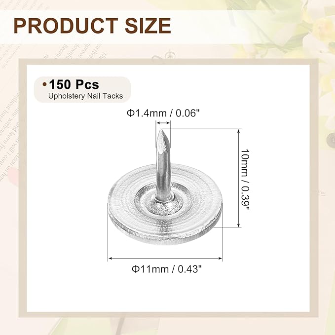 uxcell 150Pcs Upholstery Tacks, 11mmx10mm Flat Head Thumb Tack Decorative Furniture Nails Push Pins for Furniture Sofa Headboards, Silver