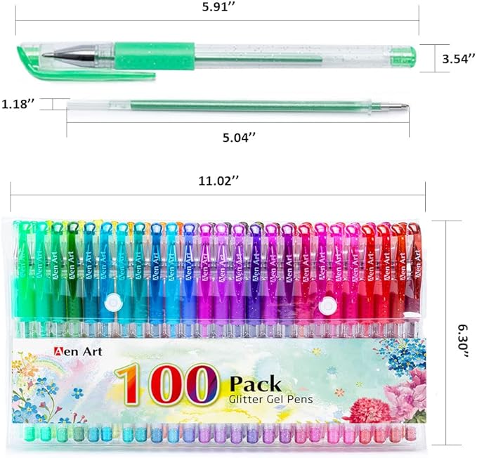 Glitter Gel Pens, 100 Color Glitter Pen Set for Making Cards, 30% More Ink Neon Glitter Gel Marker for Adult Coloring Books, Journaling Crafting Doodling Drawing