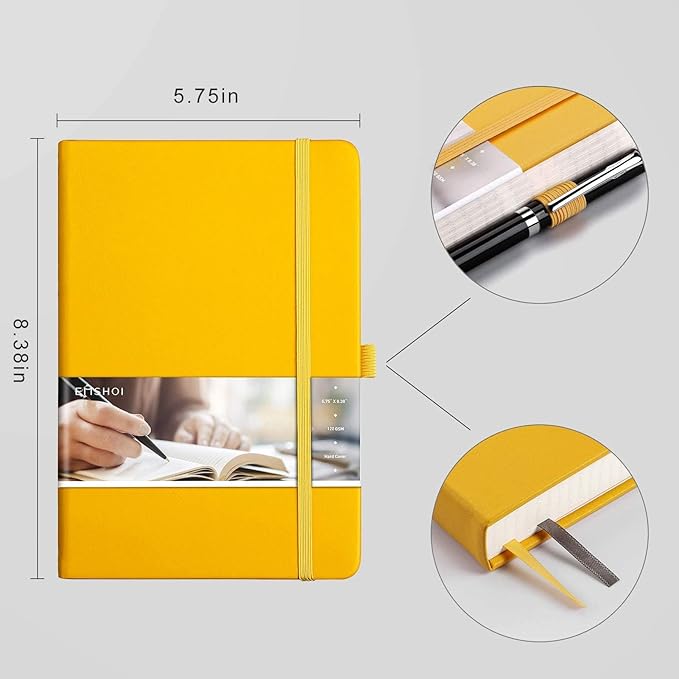 EMSHOI Graph Paper Notebook - 256 Pages A5 Graph Notebook/Journal, Square Grid Notebooks for Work, 120gsm Thick Paper, Executive Hardcover Leather, Inner Pocket, Pen Loop 5.75'' × 8.38''-Yellow