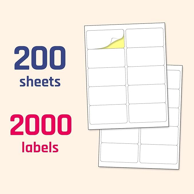 (2" x 4") 200 Sheets, Printable White Sticker Labels, Laser/Inkjet Printing - Matte, 10 per Page