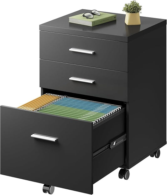 DEVAISE 3 Drawer File Cabinet for Home Office, Wood Under Desk Filing Cabinet, Rolling Printer Stand with Wheels, Black