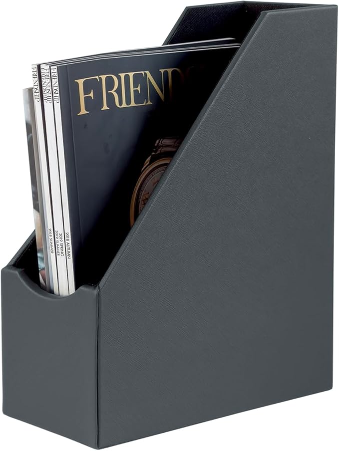 UnionBasic Magazine File Holder, Leatherette Desktop Document Organizer, Home Office Paper Holder File Storage Literature Sorter, Grey