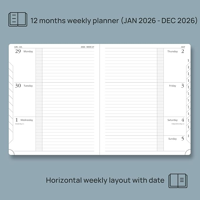 POPRUN Weekly Planner 2026 Calendar (Large 8.5" x 10.5") 12 Months Notebook with Horizontal Layout, Leather Hardcover, Inner Pocket, 100GSM Thick Paper, Pen Holder - Aquamarine