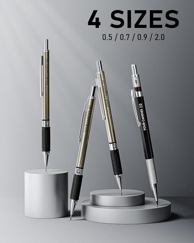 Four Candies 25PCS Art Mechanical Pencil Set with Case, 3PCS Metal Artist Lead Pencil 0.5, 0.7, 0.9 mm & 3PCS 2mm Holder (HB 2H 2B 4B Color) with 432PCS Graphite Lead Refills for Drawing Sketching