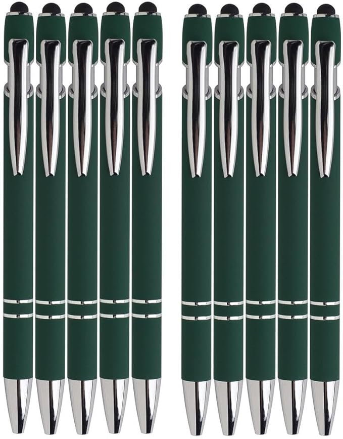 Green Ballpoint Pens with Black Ink, 2-in-1 Stylus Tip, 1.0mm Medium Point, Matte Metal Barrel – 10-Pack for Office or School