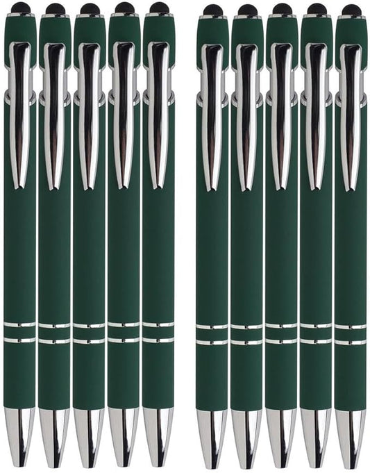 Green Ballpoint Pens with Black Ink, 2-in-1 Stylus Tip, 1.0mm Medium Point, Matte Metal Barrel – 10-Pack for Office or School