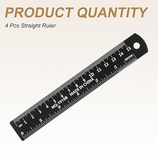HARFINGTON 4pcs Metal Straight Ruler 15cm Metric SAE Aluminum Alloy Measuring Rulers Scale Tool with Hole for Measure Study Reading Classroom Office, Black