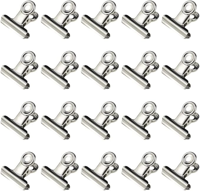 HAHIYO 1.25inch Silver Bulldog Clips Metal File Hinge Binder Clips Clamps Save Space Strong Spring Jaws Rock Solid Grip Book Lay Flat Deburred Edge for Hang Photos Wall Grid Dog Food 20PCS