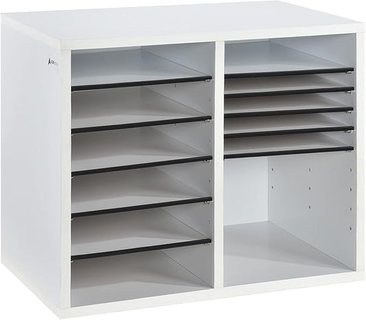 AdirOffice Wooden Adjustable Literature Organizer, 12 Compartment Office Mailbox, or Classroom Literature Organizer, White